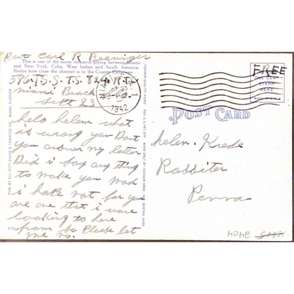 Vtg Miami FL Postcards Ships Water Views Lot of 5 Flamingo Hotel 1942 Free Post - Picture 5 of 15
